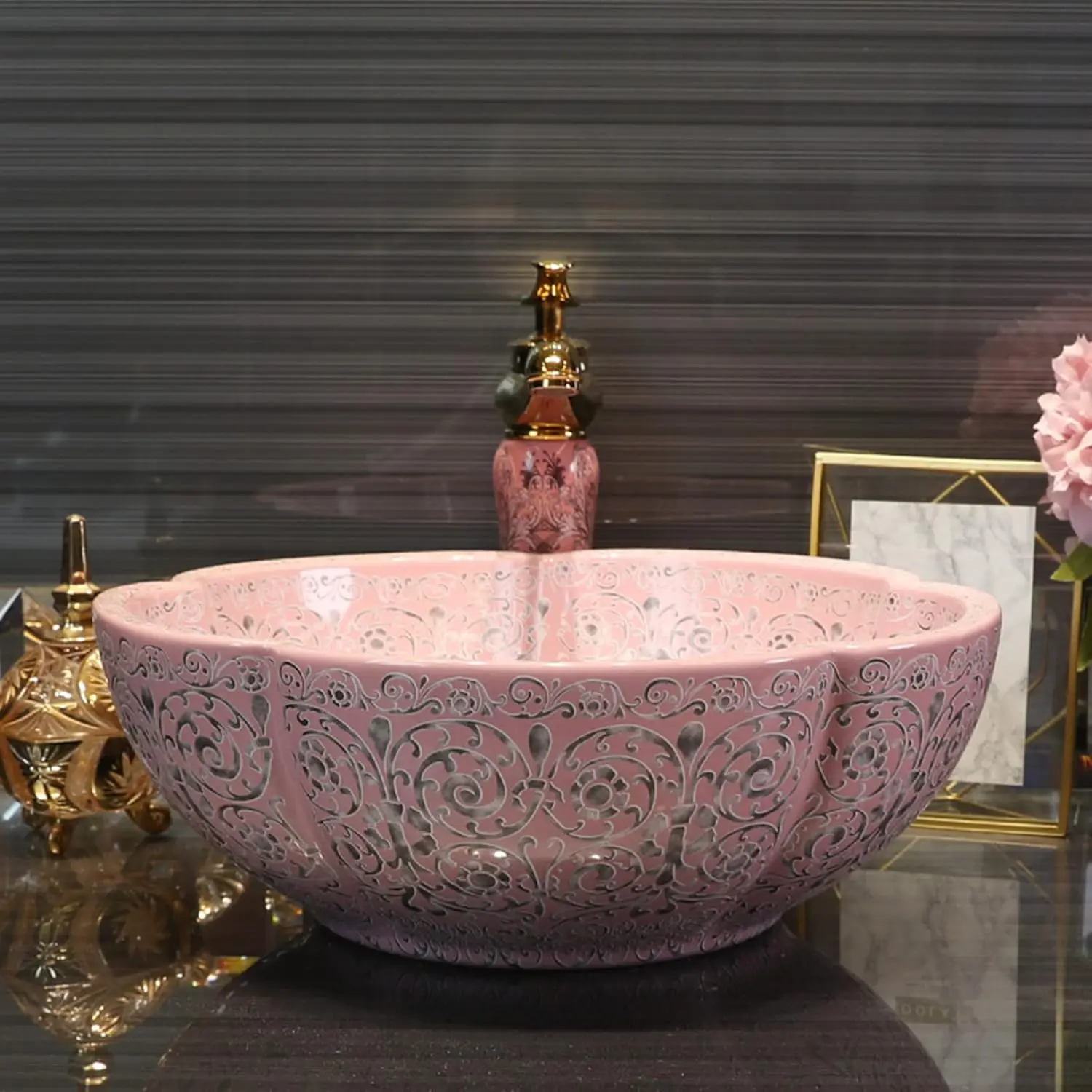 Traditional Southeast Asian Style Pink Artistic Ceramic Bathroom Vessel Sink Above Vanity With Drainer For Wash Application
