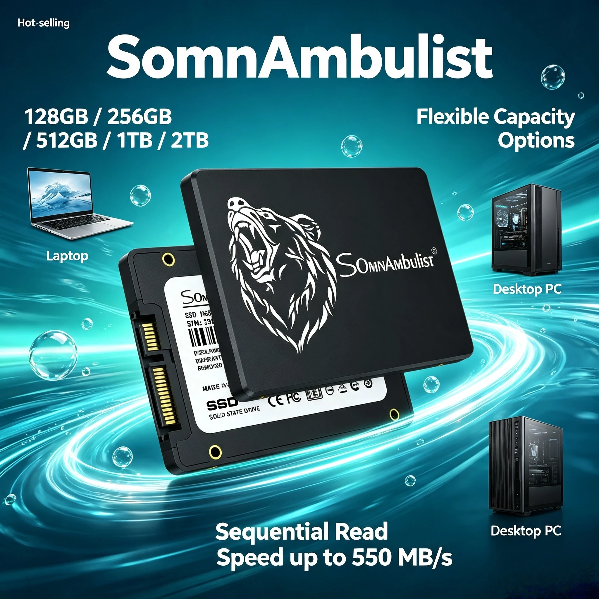 NEW 128GB 256GB 512GB 1TB 2TB SomnAmbulist SATA3 25 Inch Internal SSD Solid State Drive for Laptop Desktop PC