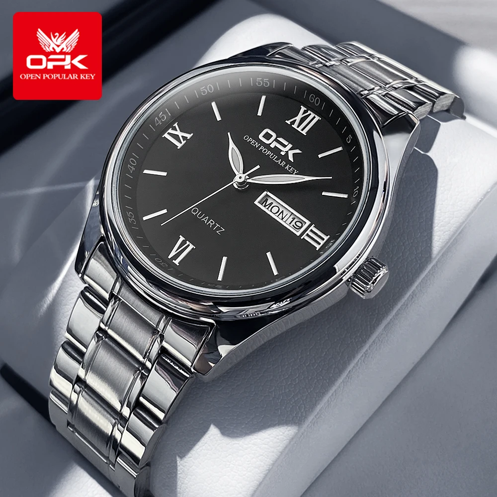 OPK 8123 Original Quartz Dual Calendar Movement Watch For Men Stainless Steel Strap Luminous Function Fashion Style Watch