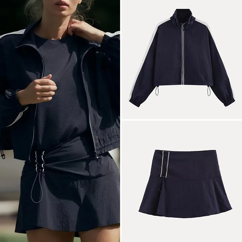 

2025 Spring New Women's Casual Side Stripe Decorative Coat Polyester Fiber Faion Set Polyester Fiber Work orm Skirt