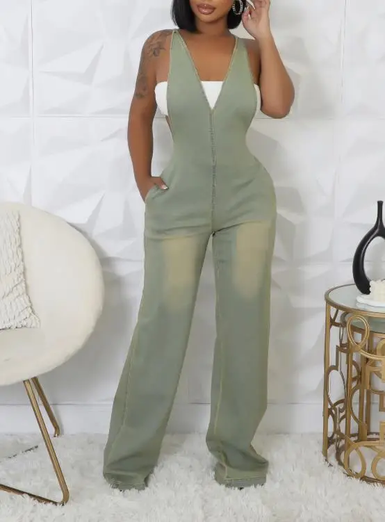 

Tight waist slim fit elastic wash denim jumpsuit with suspender and wide leg jumpsuit