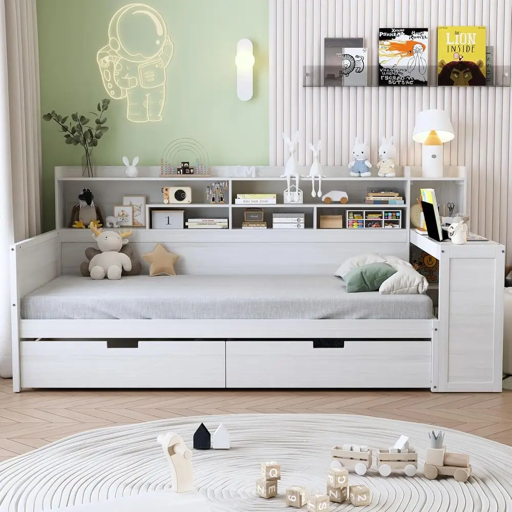 

Pine Wood Twin Daybed with Storage, Desk, and Bookcase, Antique White for Kids and Teens