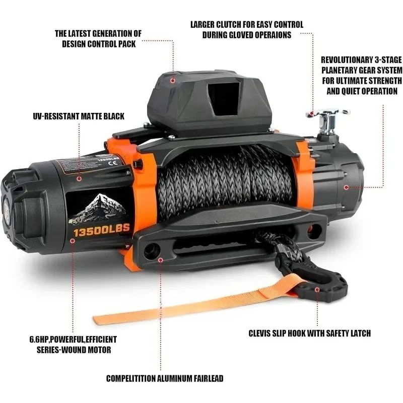 2025 hot sale Authenticity guarantee.12V 13500 lb Load Capacity Electric Winch Synthetic Rope Hook Winch Kit Waterproof IP66 Ele