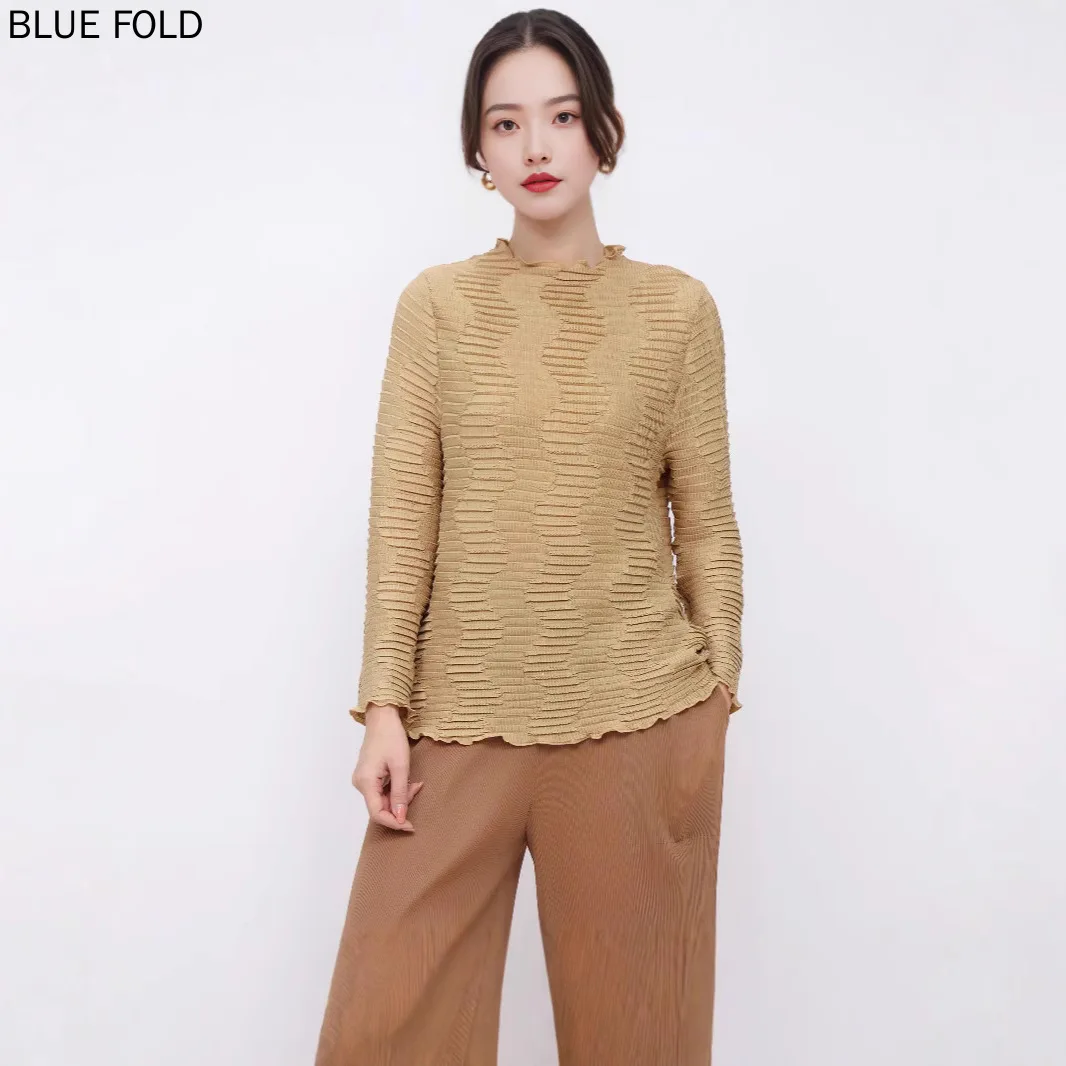 

MIYAKE Fold Spring New Half Turtleneck Long-sleeved Solid Color Top Hand Loose Elastic Fashion All Matching Base Shirt