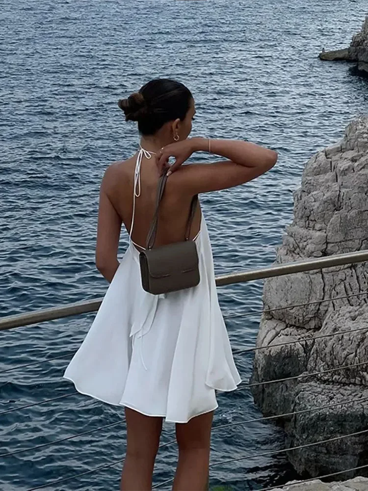 Mulheres sexy halter em camadas babados mini vestido moda fora do ombro sem costas uma linha vestidos primavera verão chique senhora vestidos curtos