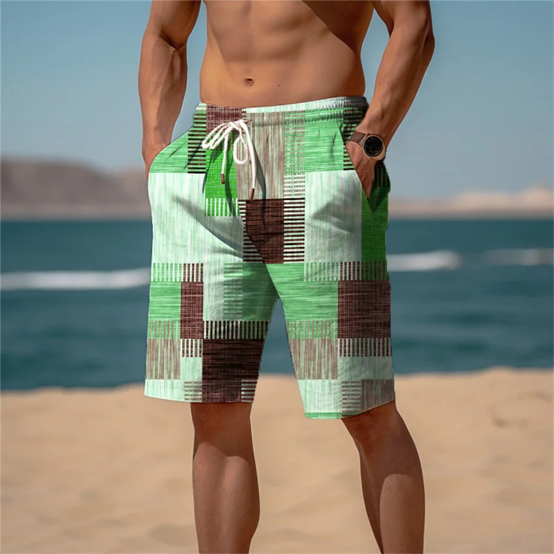 Short de plage pour homme, tissu éponge, taille élastique, imprimé 3D graphique, tissu à carreaux rayé, respirant, doux, 03