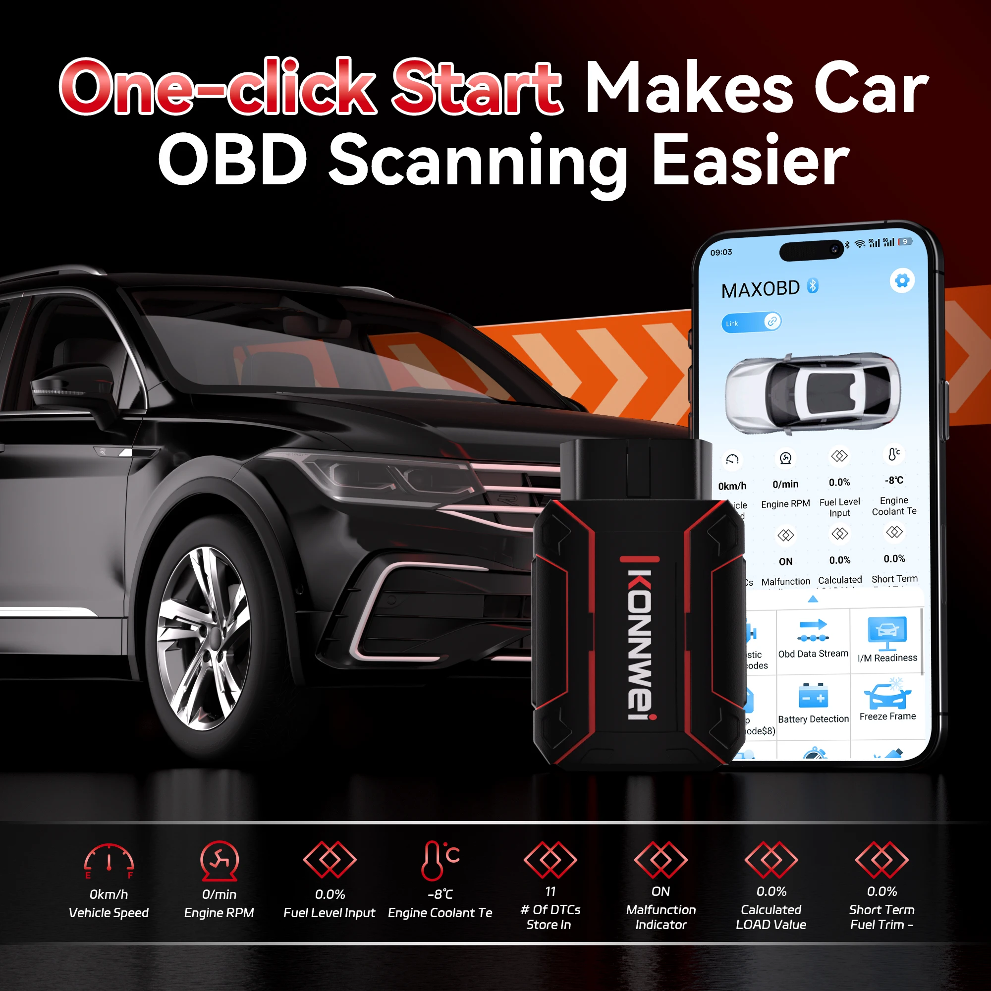 KONNWEI Car Obd نظام كامل أداة تشخيص المسح العميق بلوتوث 5.2 Obd2 تطبيق الهاتف المحمول مسح رمز البيانات قراءة واضح أداة مسح السيارة obd