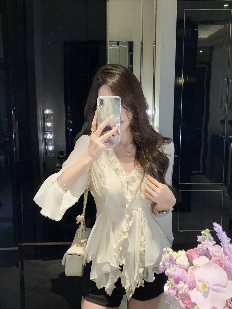 

Ele Pure Desire Women's Long Sve V-Ne Ruffle Trim Chiffon irt Spring New Sle Korean Version Slim Fit Office Wear