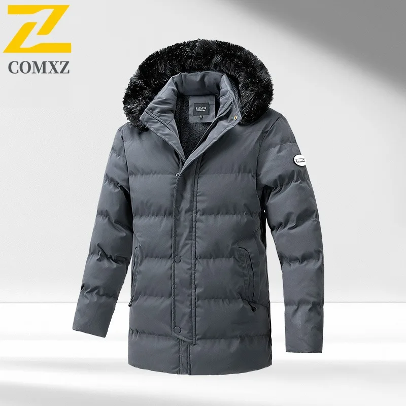 COMXZ 2025 Mens Korean Style Thickened Fleece Lined Long Winter Jacket Waterproof Windproof Fashion Hooded Thickened Coat