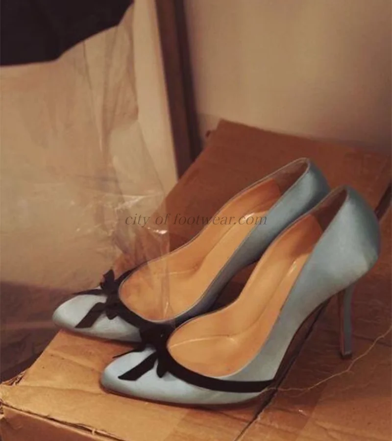 

Blue/Black Satin Bow knot high heels women's sexy party runway thin heels shallow pumps big size luxury designer shoes