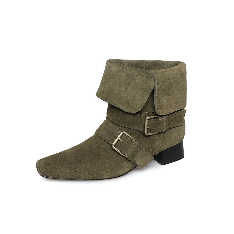 Women Western Boots New Trendy Chunky Heel Street Shoes Green Apricot Genuine Leather Ankle Boots Cowgirl Cowsuede Boots