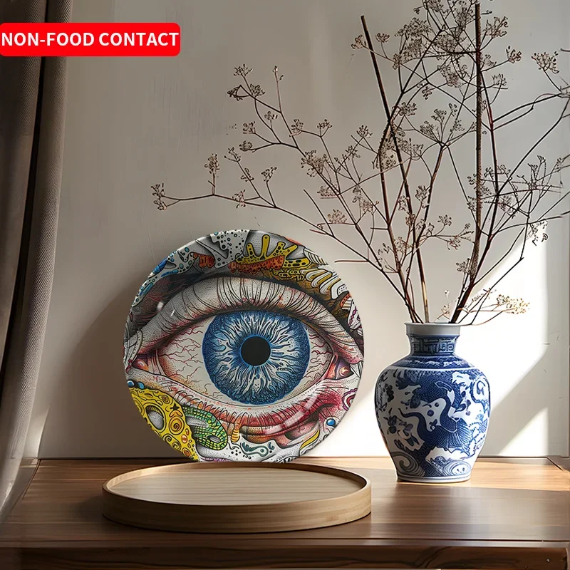 One Piece of Blue Eye-Themed Ceramic Decorative Plate - Hand-Painted And Not Suitable for Food Contact, Designed for Wall