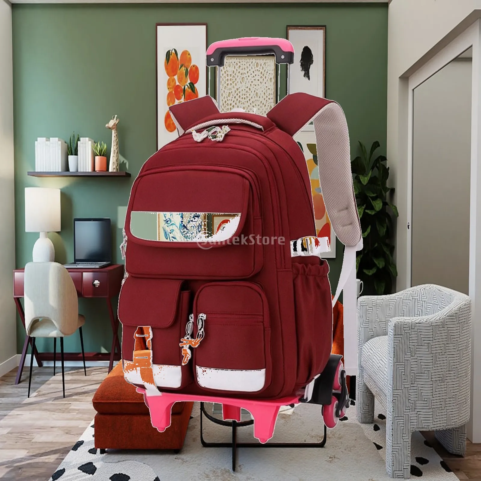 Rolling School Bag with Telescoping Handle Long-Lasting Six-Wheel Rolling School Backpack Multi-Compartment Large Capacity