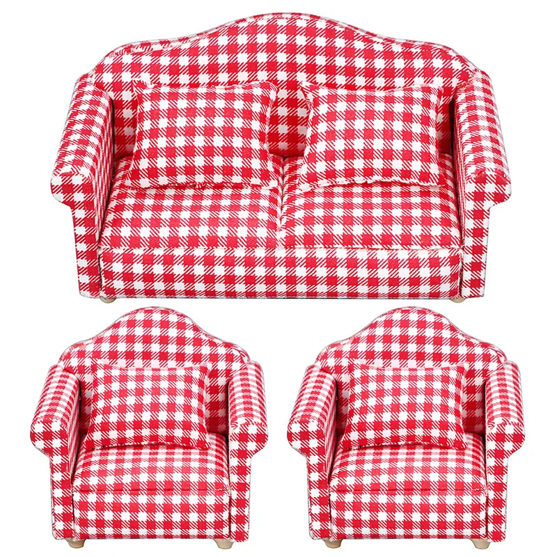 1:12 mini dollhouse furniture, miniature scene furniture, living room sofa decoration model, simulated red checkered sofa