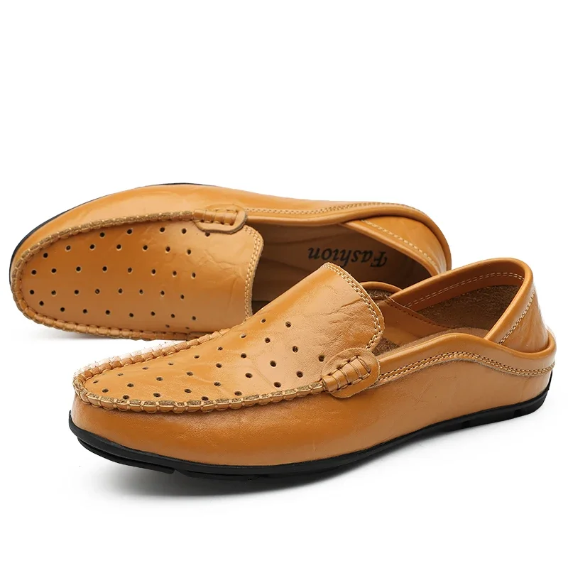 Zapatos informales transpirables para hombre, mocasines de cuero genuino de marca de lujo, ahuecados, sin cordones, para conducir, Verano