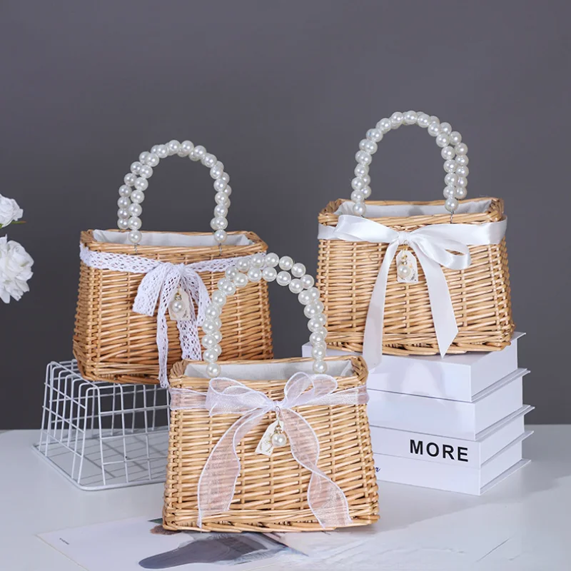 Straw Tote Hand Bags for Women Rattan Weaving Basket Purse Handbag Ladies Pearl Handle Beach Ribbons Clutch Bag