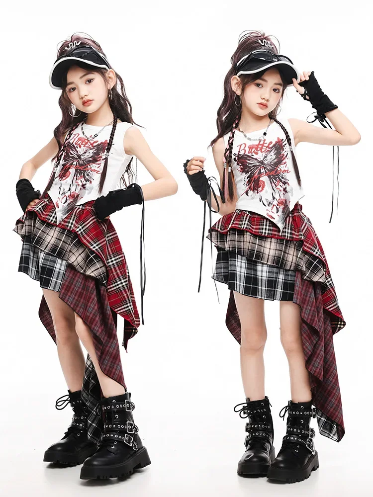 

Танцевальный наряд в стиле хип-хоп для девочек, белый жилет, топ, нерегулярная юбка, костюм K-pop для выступлений, джазовый сценический костюм, детский костюм для уличных танцев