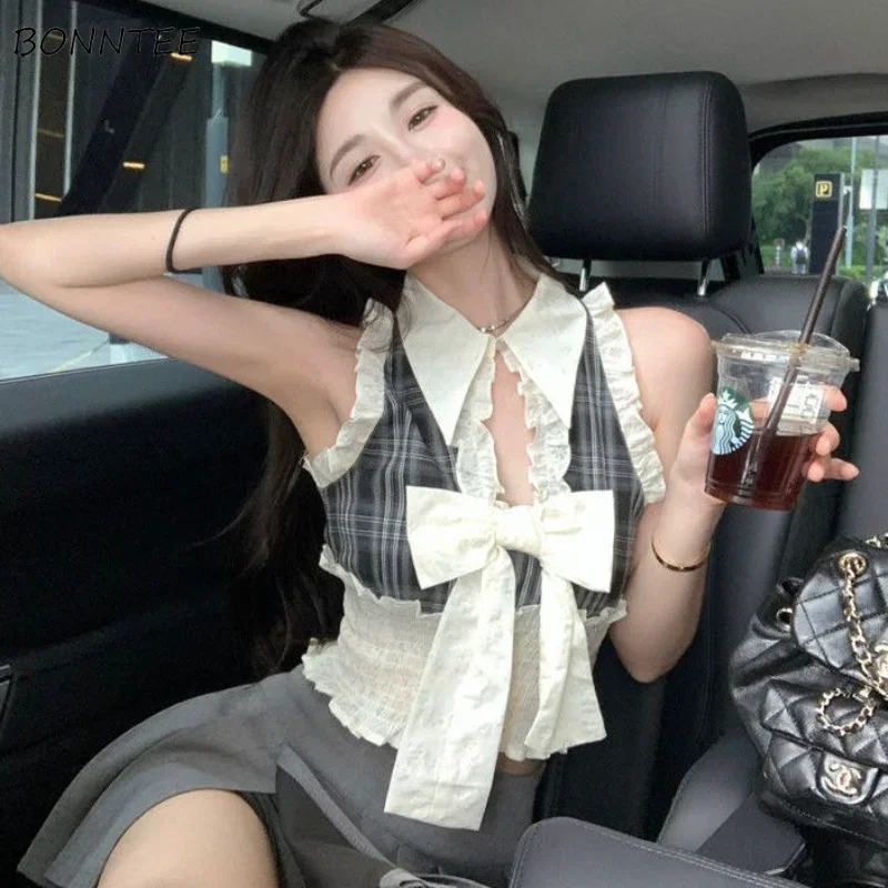 

Tank Tops Women Plaid Students Kawaii Girlish Daily Party Elegant Sexy Summer Trendy All-match Soft Korean Style Leisure Sweet