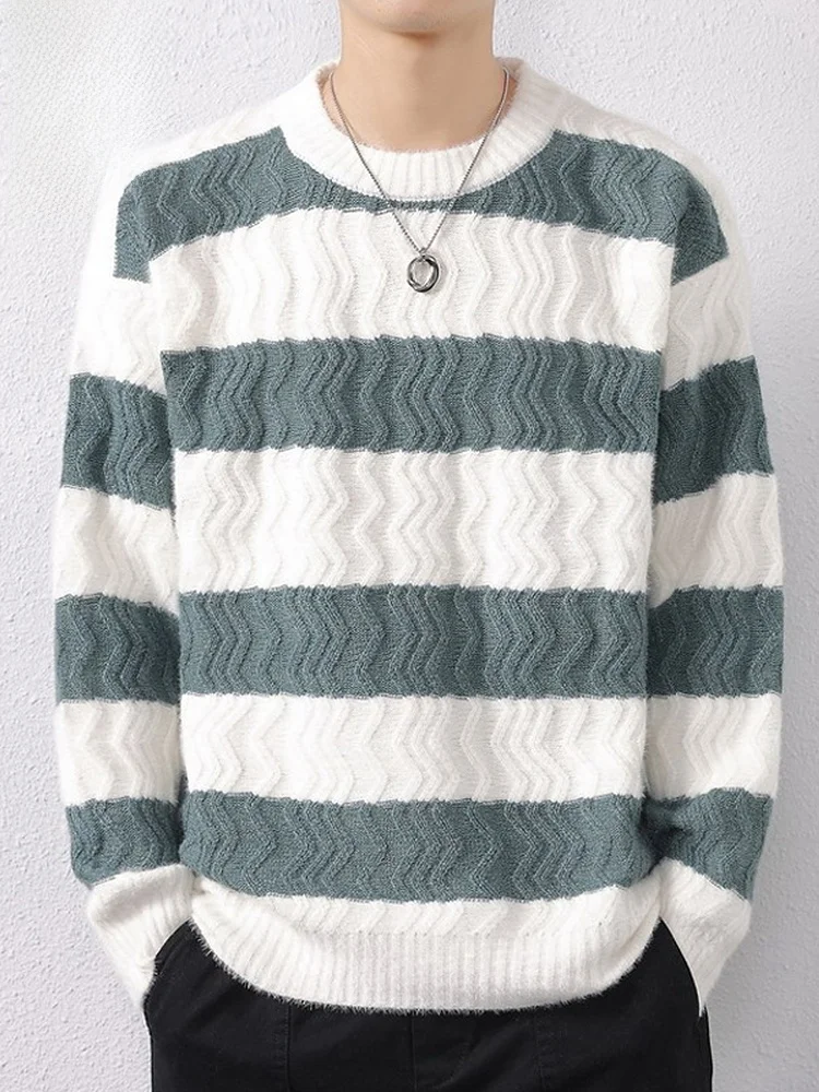 

Мужской трикотажный свитер с цветными полосками, весенний тренд, мягкий, с длинными рукавами, повседневный, свободного кроя, не мнется