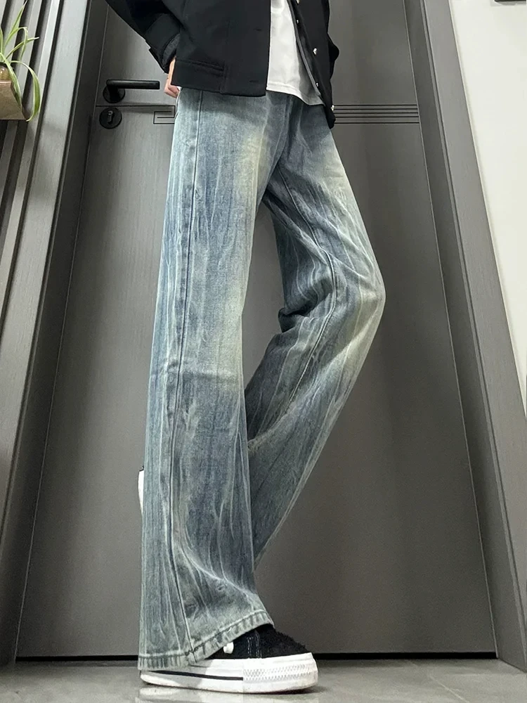 Washed Loose Straight Leg Men's Jeans Lightning Pattern Bell Bottoms Fashionable American Vibe Casual mid Waist Zipper Fly