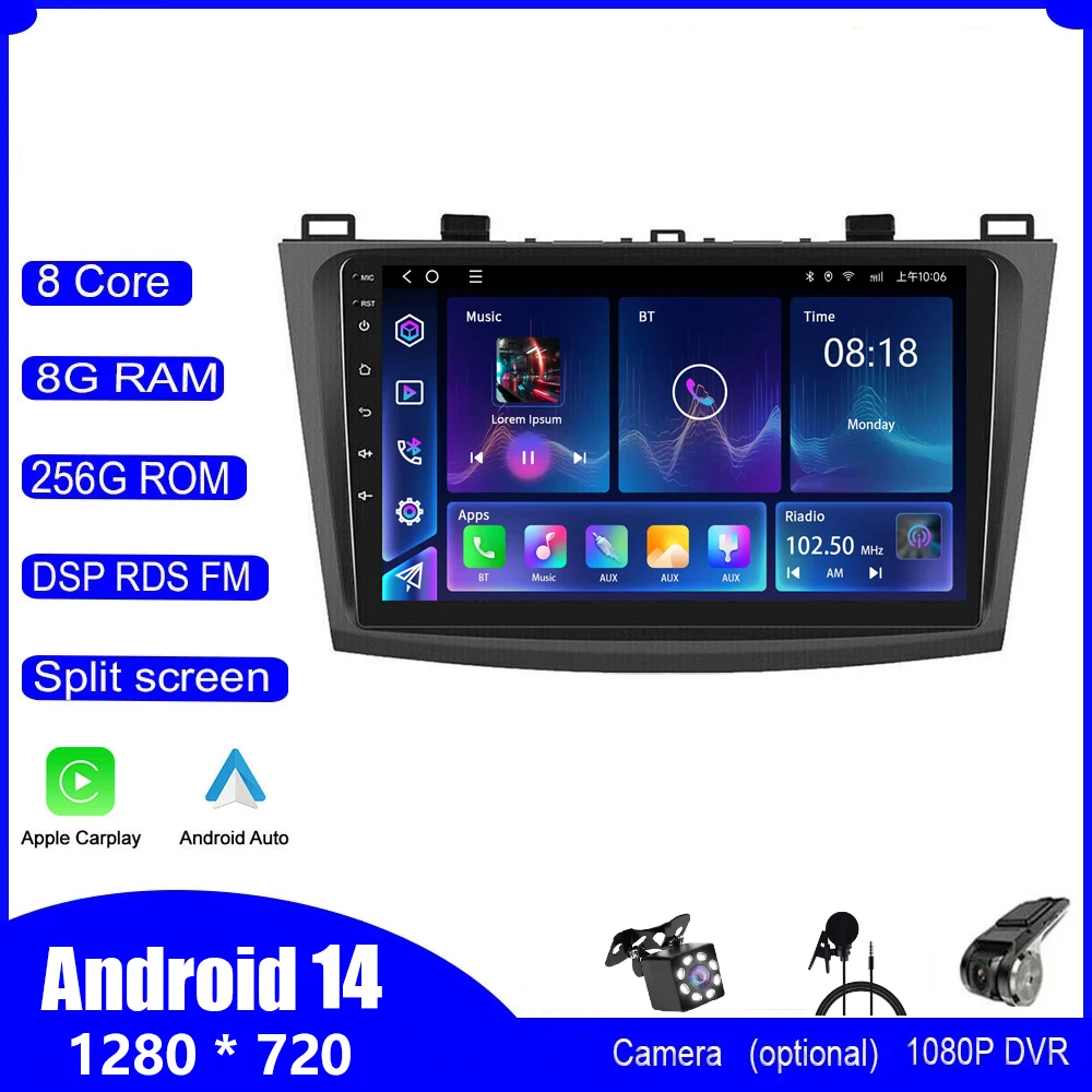 

9"Inch radio wireless Carplay DSP 2din Android14 Car Radio Multimedia Player GPS Navigaion For Mazda 3 2009 2010-2013 Head Unit