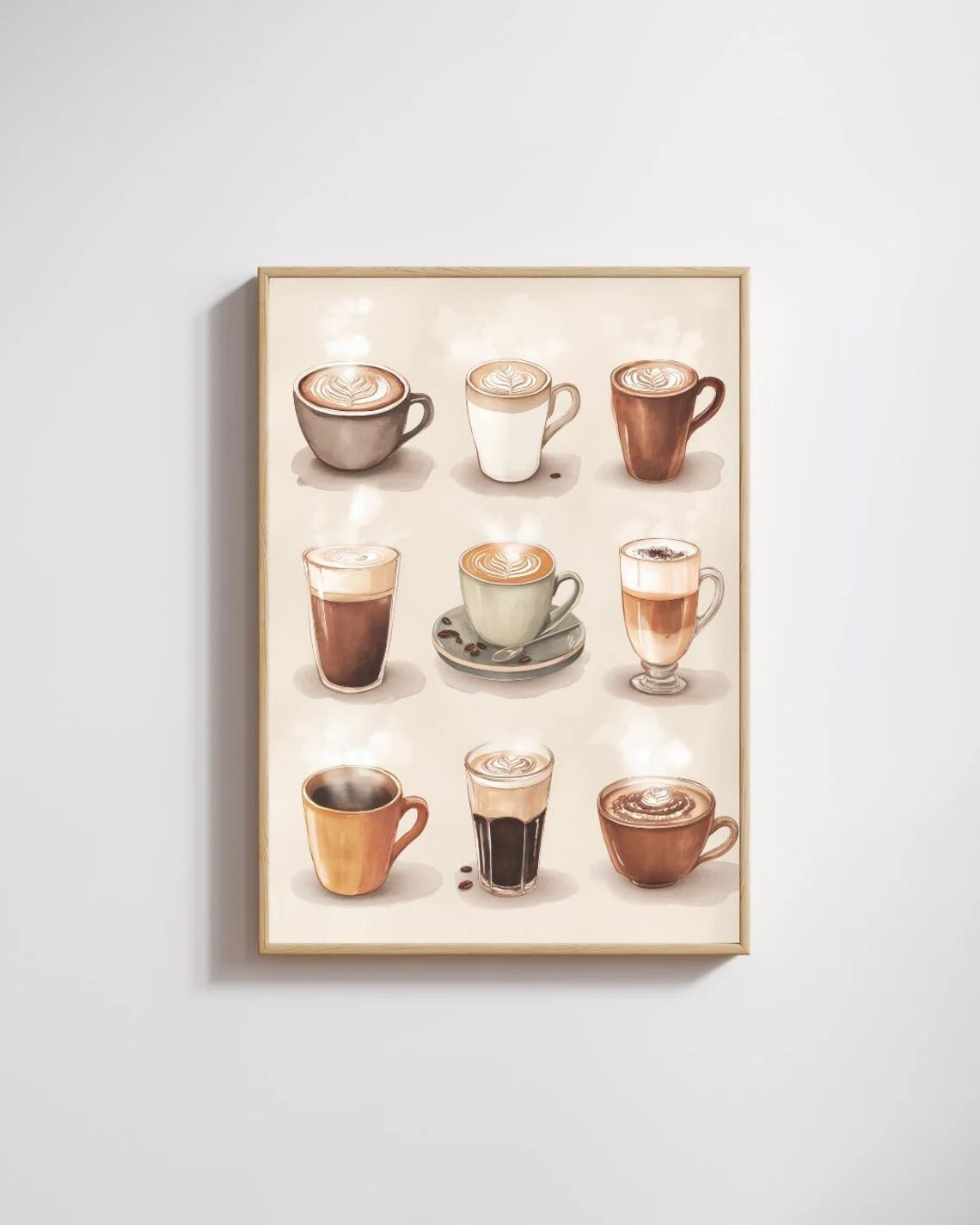 Impresión de acuarela de arte latte en taza de café - Arte para cocina de casa de campo, diseñado para añadir un encanto cálido y nostálgico de cafetería a la crema