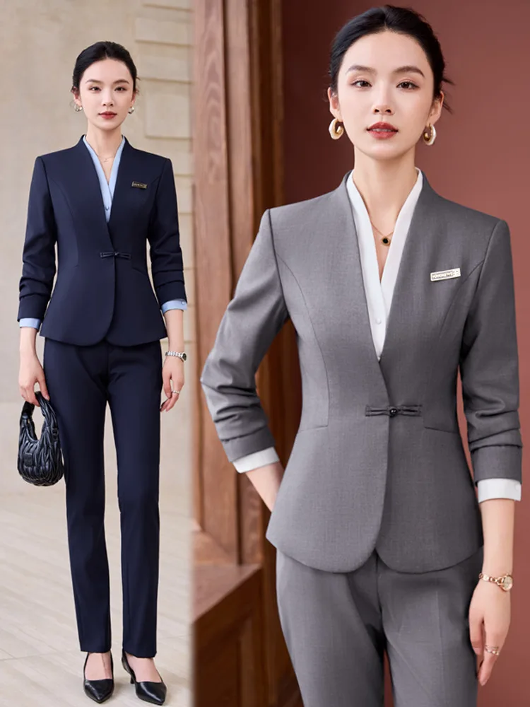 Chinese-style professional women's suit set, high-end formal attire for beauty salons, jewelry stores, hotels, and reception des