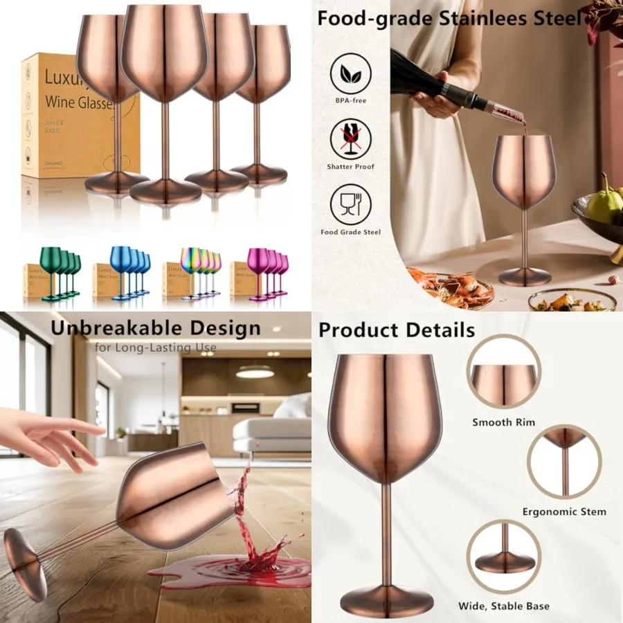 

Stainless Steel Wine Glasses Set of 4 Unbreakable Wine Glass 18 oz Unique Metal Wine Goblets for Outdoor, Travel, Camping, Pool
