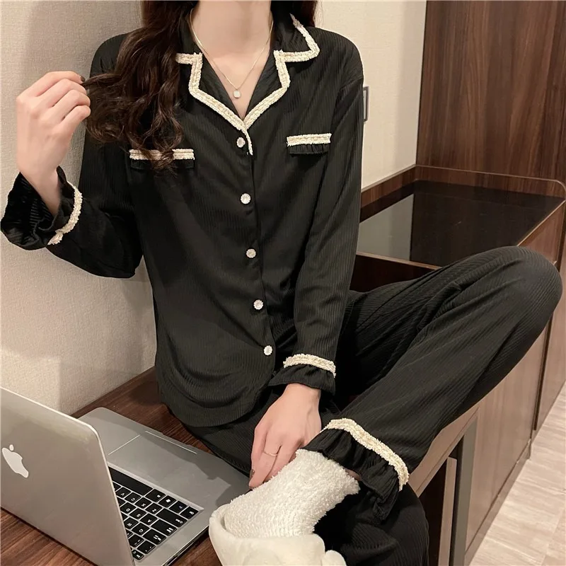 Pijamas simples de estilo Retro para mujer, ropa de dormir de algodón suave de manga larga, traje de pantalón, ropa informal suelta blanca para el hogar