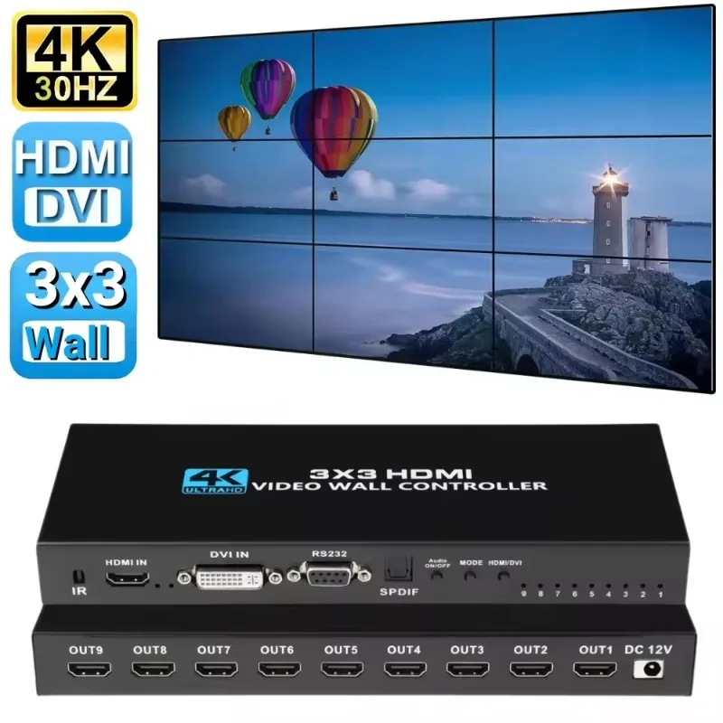 4K HD 1080P 3x3 HDMI-compatible DVI Video Wall Splicer Controller 1x2 1x4 1x3 2x1 3x1 4x1 Multi Video Screen Processor Switch
