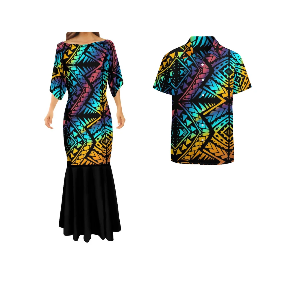 2022 Polynesian Tribal พิมพ์ระเหิด Lady Mermaid ชุดสไตล์ผู้หญิงชุด Fishtail ยาวและชายเสื้อคู่