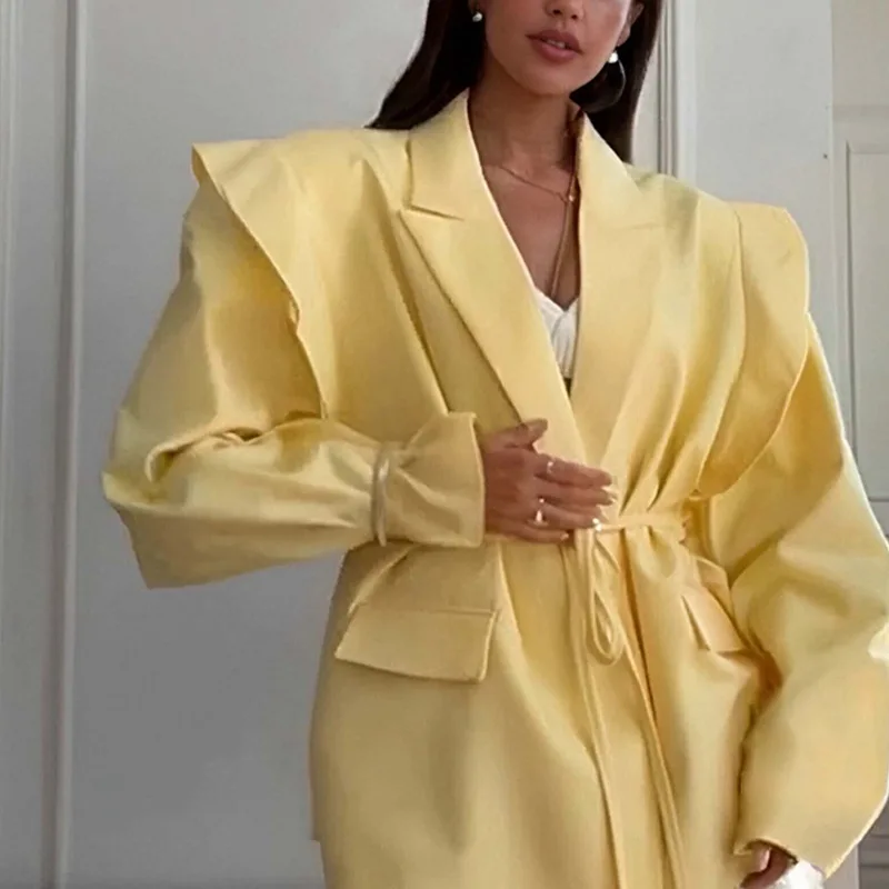 

Fmxires Lace Up Shoulder Pad Blazer Coat Women Elegant Turn-down Collar Long Sleeve Pockets Slim Fit Coats Chic Ladies Outerwear