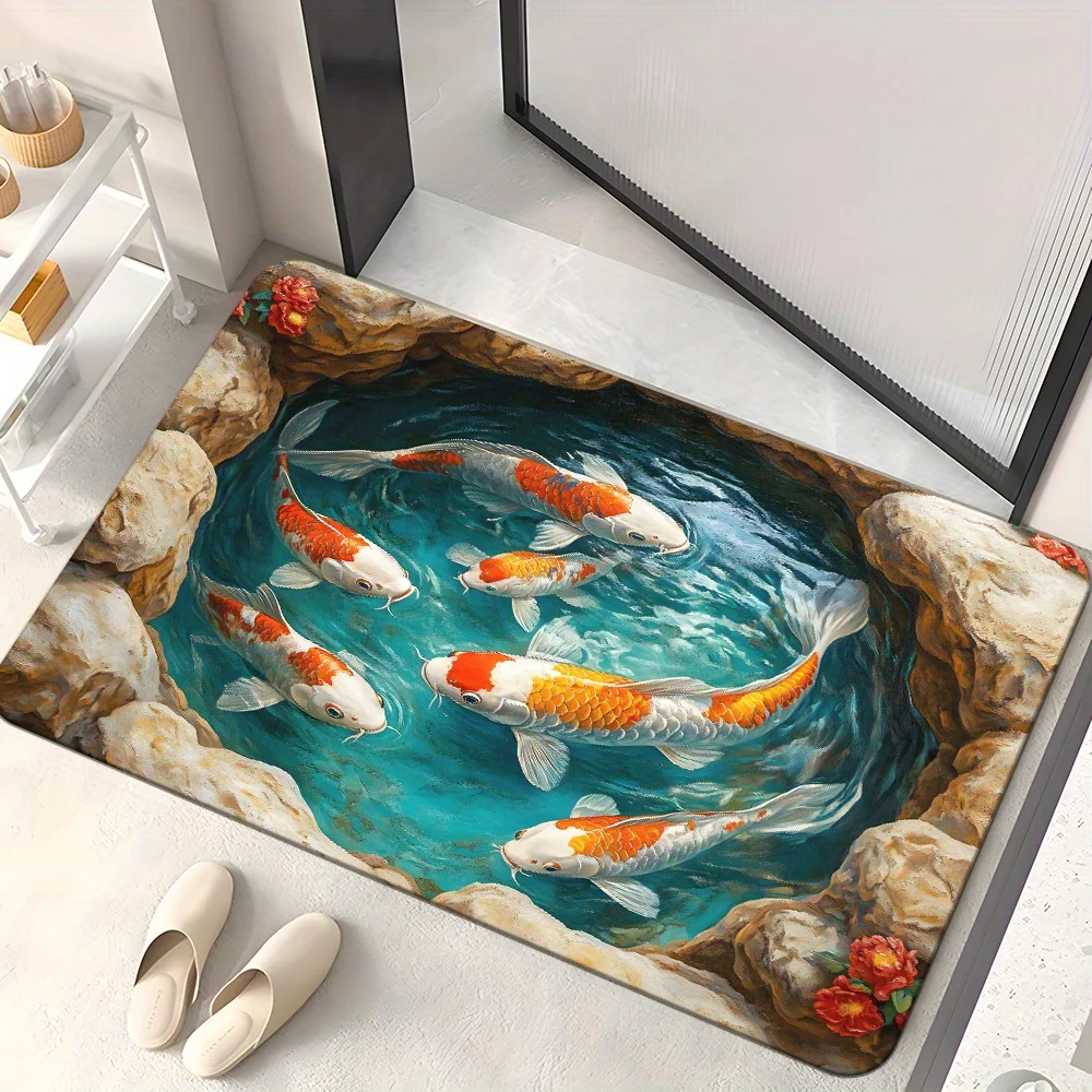 Japanese Koi Fish Pond 3D Doormat, Turquoise Gold  Polyester Non-Slip Machine Washable Rug for Multi-Room Zen Holiday Decor
