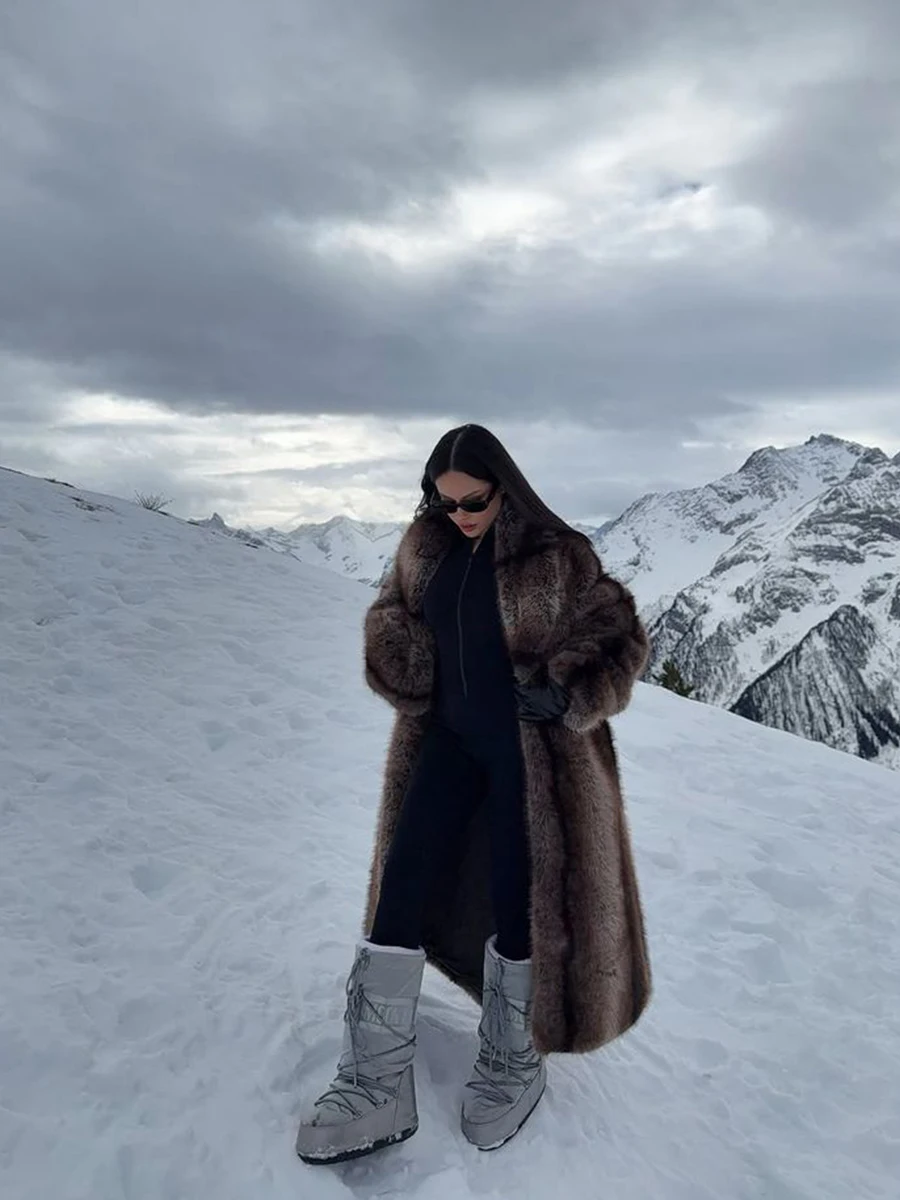 Abrigo largo Maxi de piel sintética de primera calidad con degradado de rayas marrones, abrigo Midi Vintage de lujo con cuello de solapa esponjoso, trajes Slay de estilo Pinterest