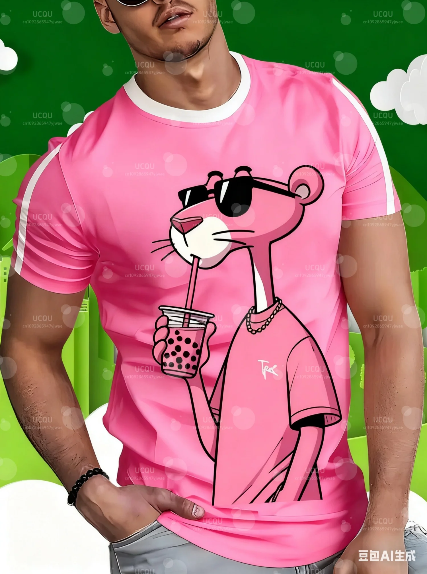 

New In Mens Striped Pink Panther T-Shirt Short Sleeve Sports Men's T-Shirt Unisex Casual Daily Wear Summer Men's Racing T-Shirt