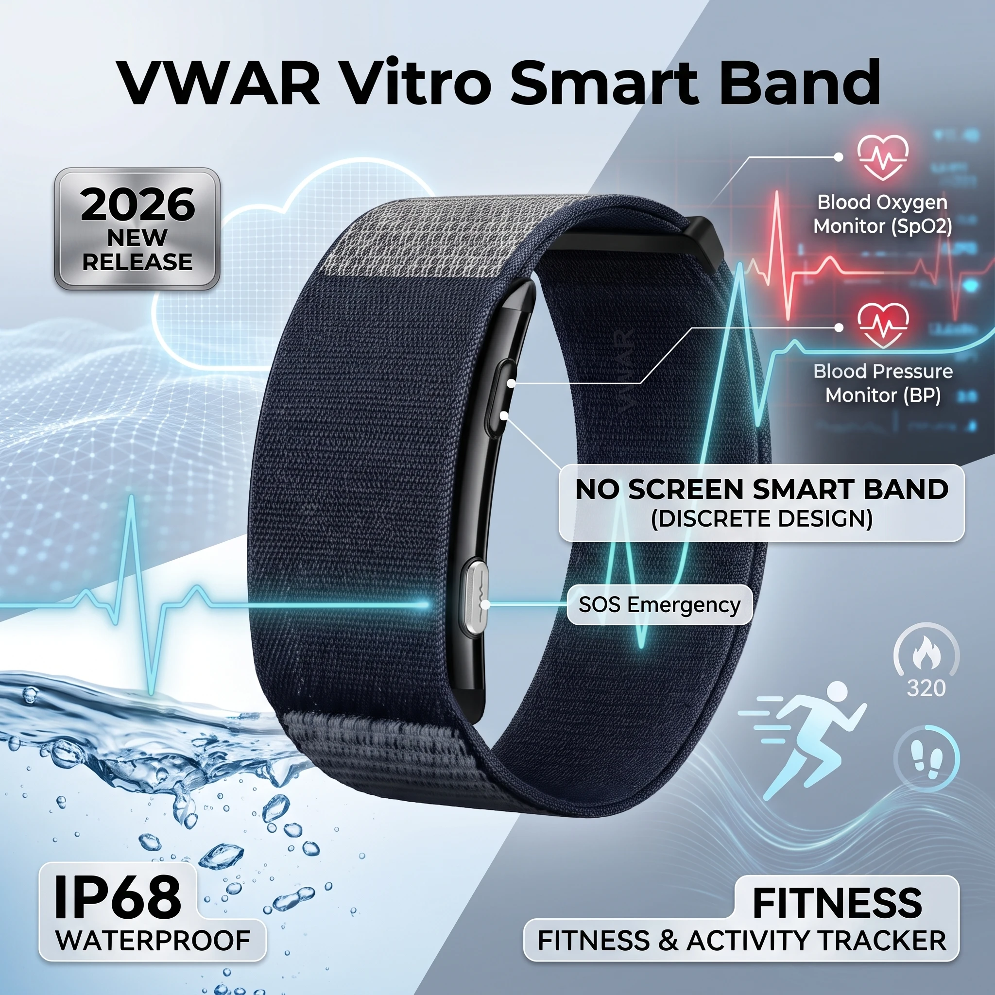VWAR Vitro SmartBand Blood Oxygen Blood Pressure Monitor Fitness Tracker Band IP68 Waterproof SOS 2026 New NO Screen Smart Watch