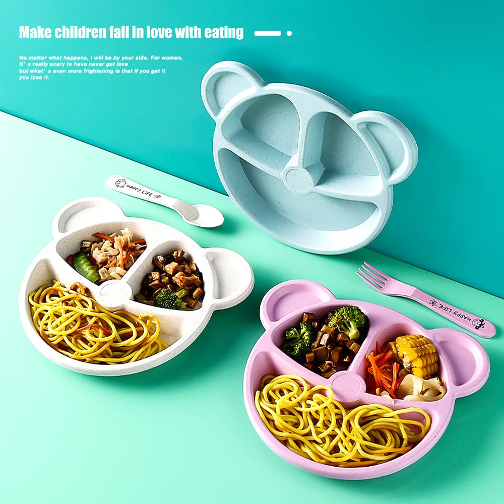 

Симпатичная разделенная посуда, набор из 3 предметов, для детей, столовая посуда, сплошной цвет, вилка и ложка, набор столовых приборов для сосания, изготовлен из пшеничного материала