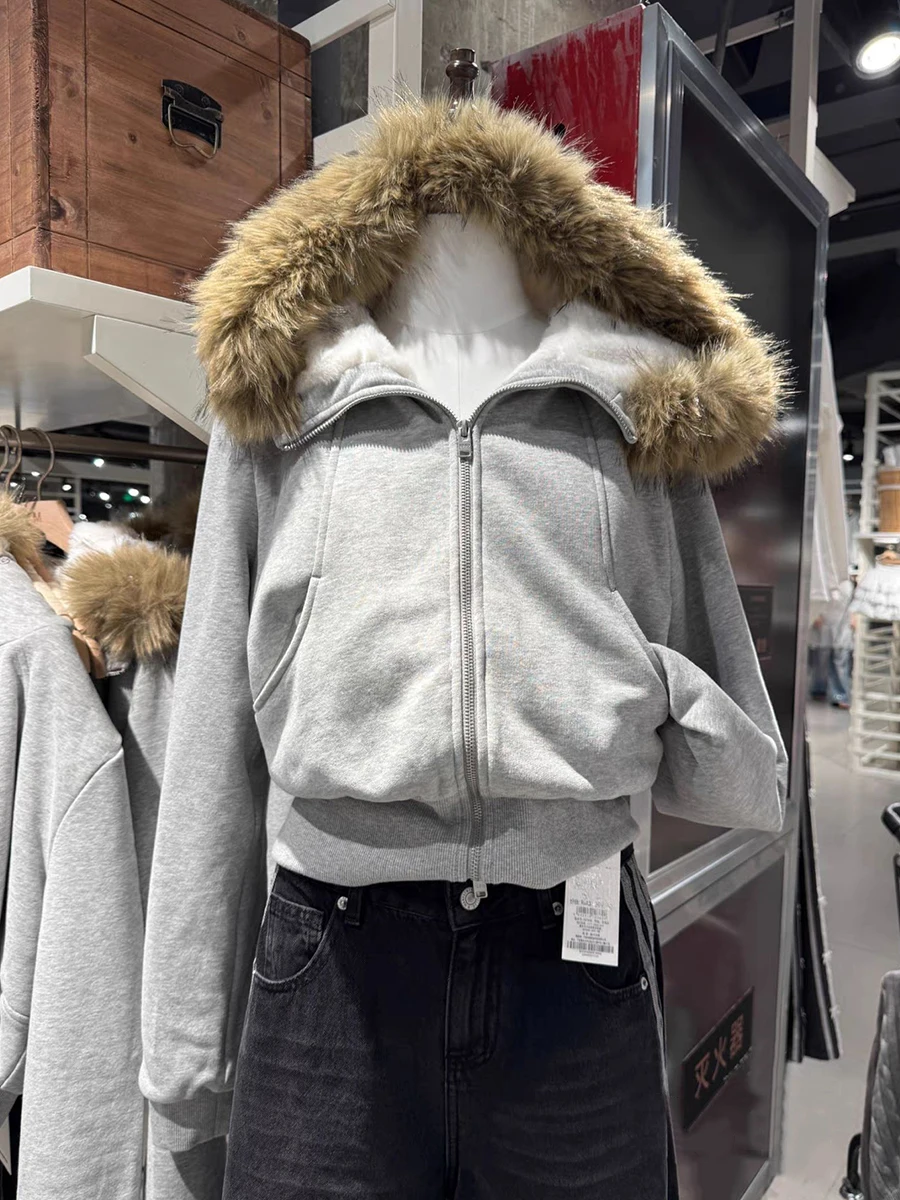 

Хлопковая флисовая укороченная толстовка с капюшоном, женская зимняя укороченная толстовка с меховым воротником и капюшоном, двойная молния, укороченный топ с длинными рукавами, однотонные теплые толстовки