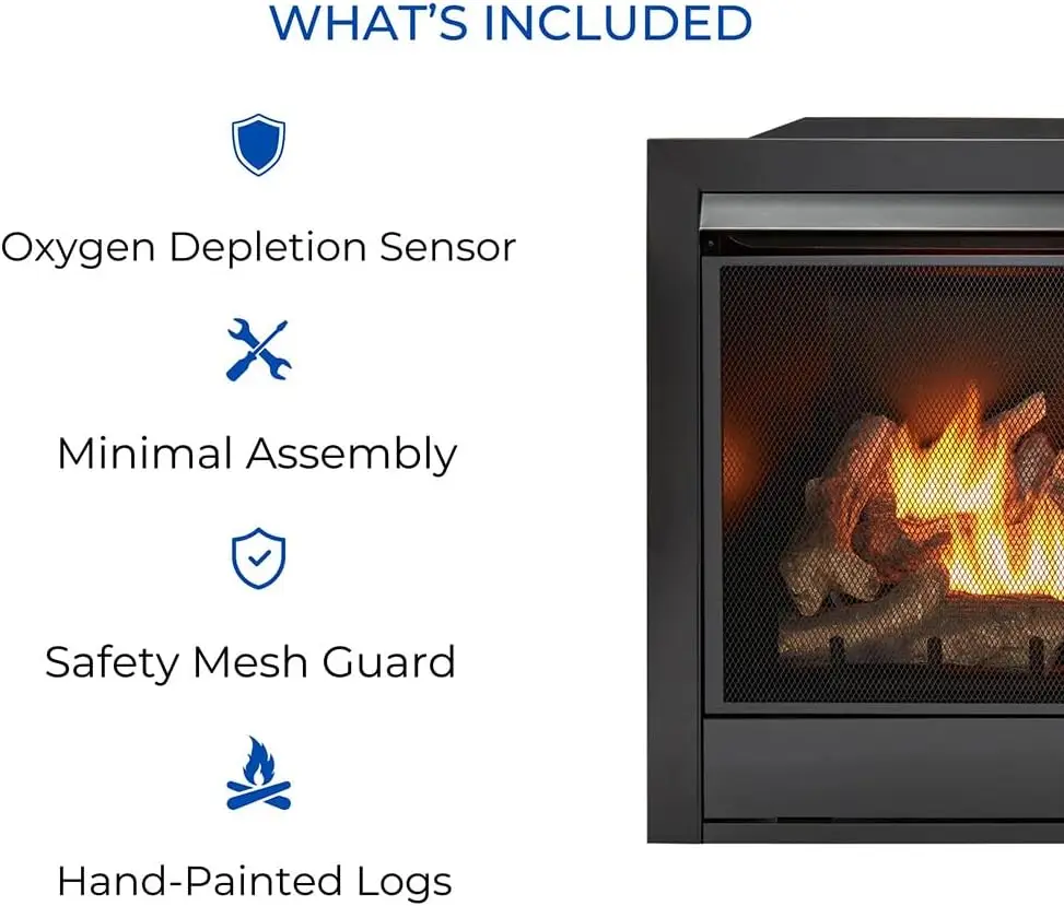 換気なしの二重燃料暖炉インサート,リモコン,9つの火災ログ,天然ガスまたは液体プロパンで使用,32000 btu,黒