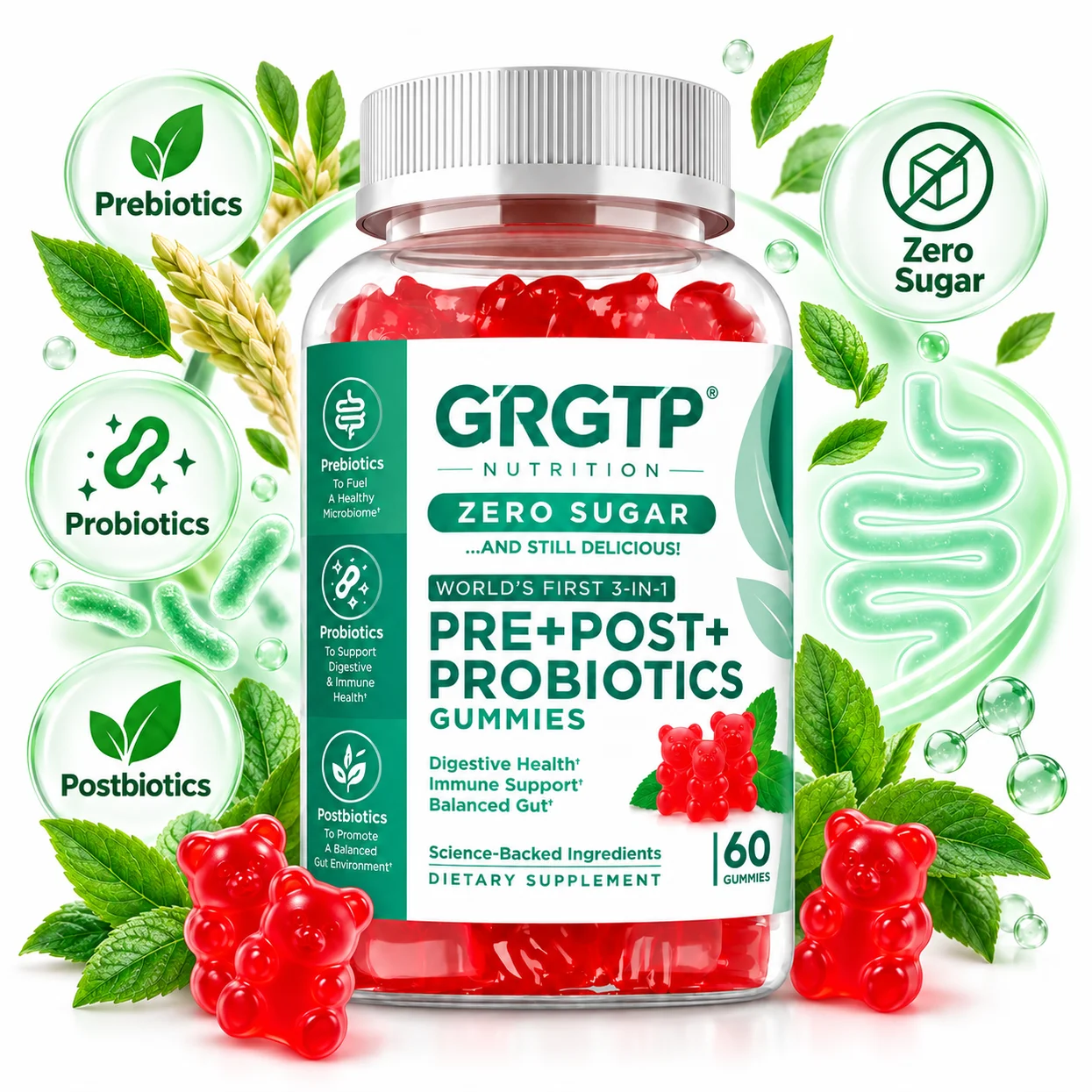 Pre+Post+Probiotics Gummies - Nutrient Absorption, Balances Intestinal Bacteria, Promotes Gut and Digestive Health, Immunity