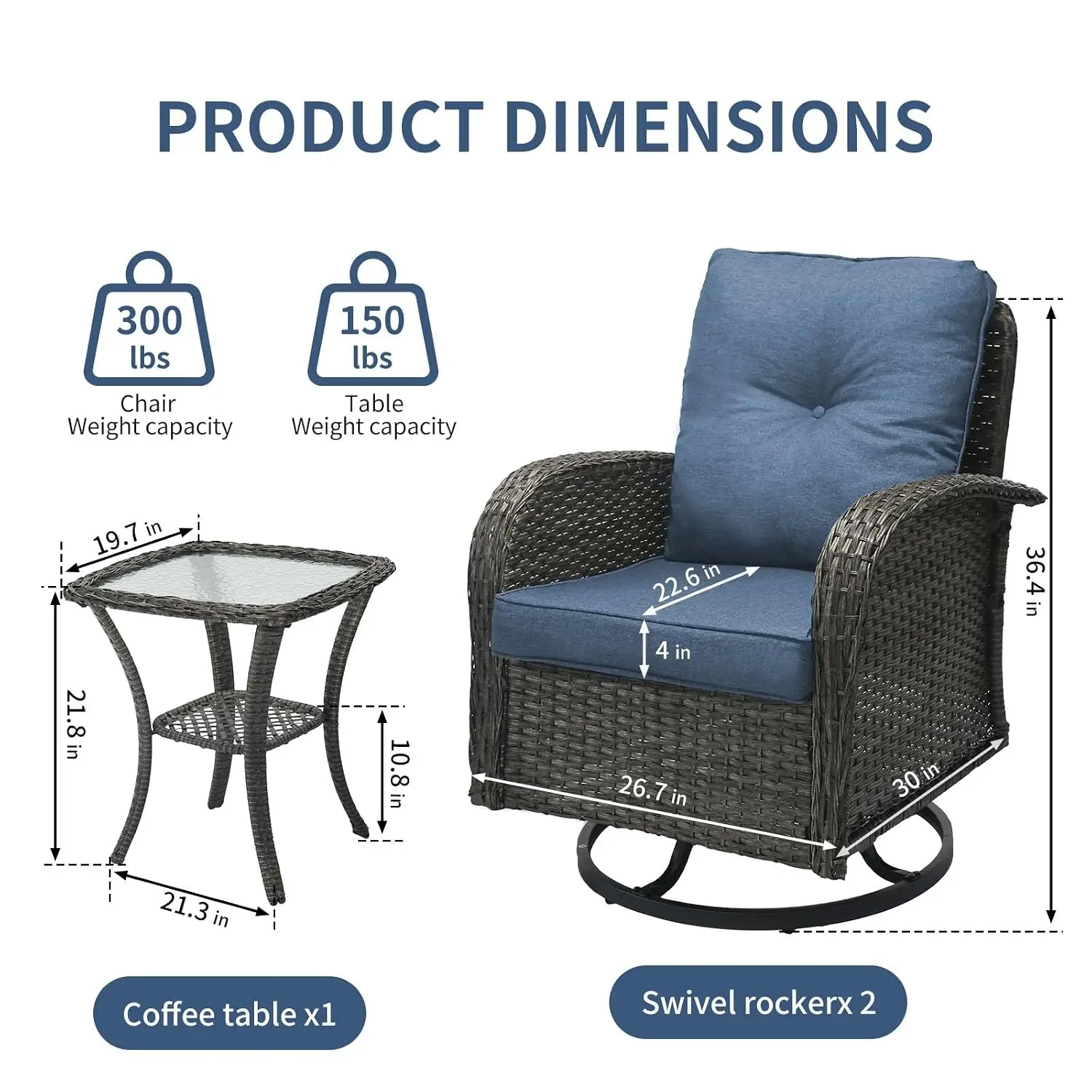 Outdoor Swivel Rocker Chairs 3-Piece Patio Furniture Set with Side Table, Customized