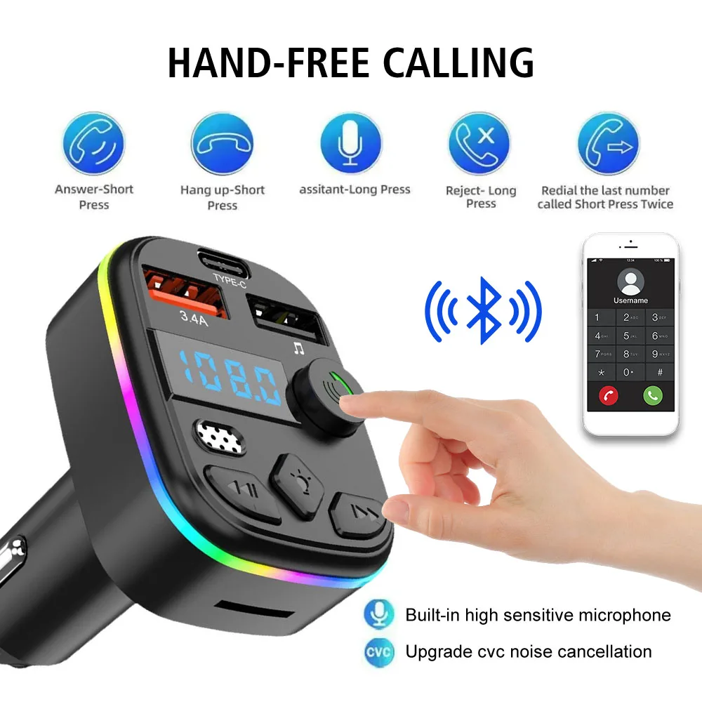 Car Tool MP3 Charger Bluetooth Type-C Wireless Light PD Type-C Dual USB Ambient Player 5.0 Car FM Transmitter Handsfree PD QC3.0