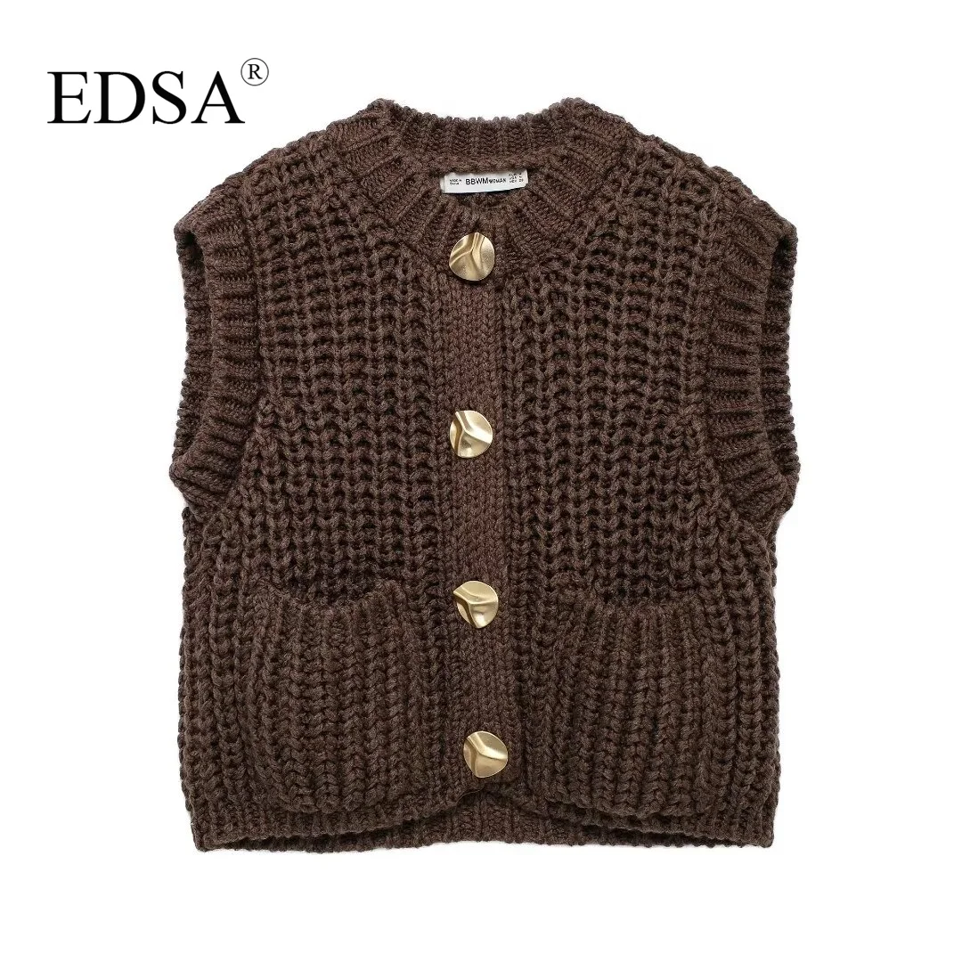 EDSA Women Chunky Knit Cardigan Waistcoat Autumn Cropped Sweater Vest Single Breasted with Golden Buttons Tank Outerwear