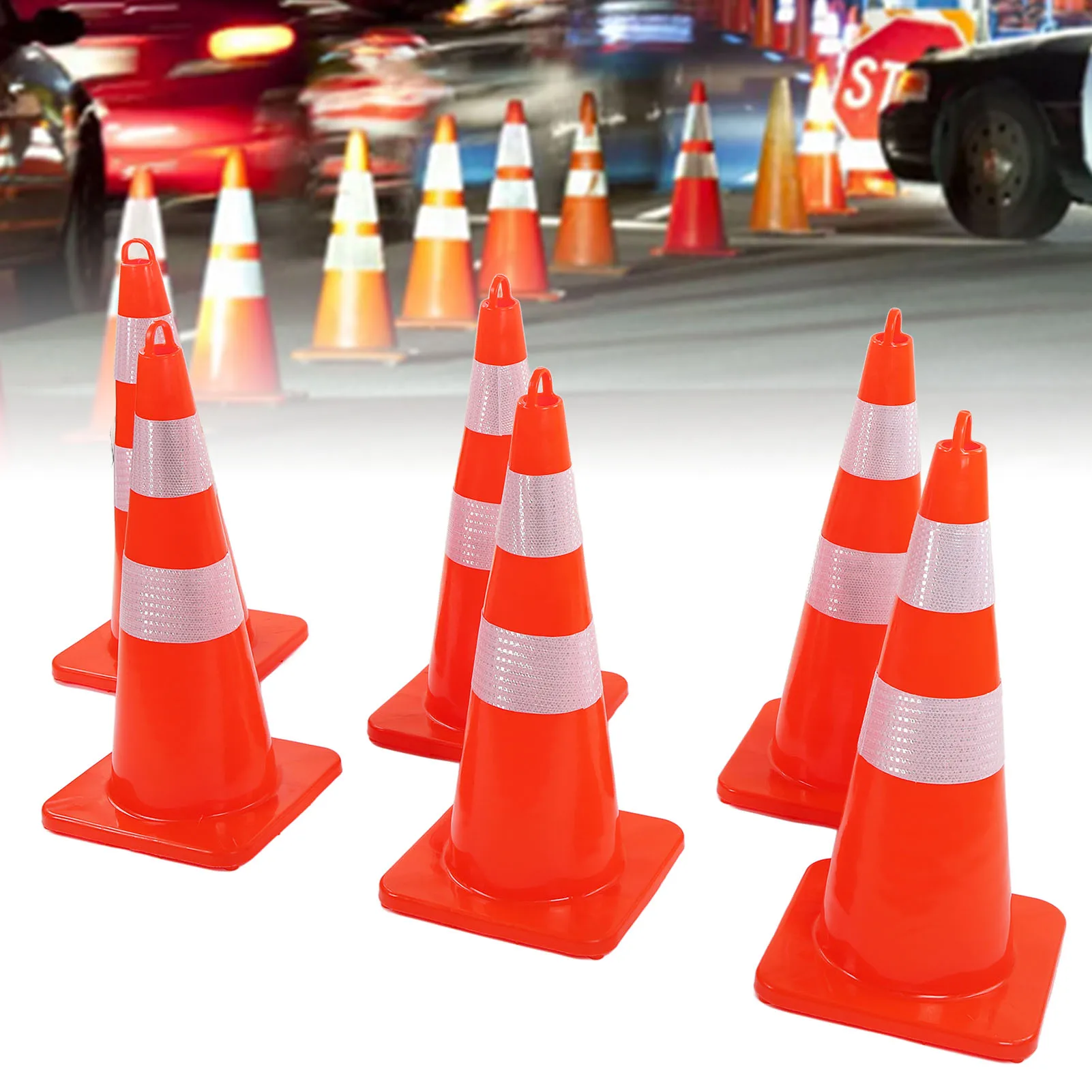 6Pcs Traffic Cones Weather Resistant Reflective Square Base Road Cones for Parking Lot Camping Red