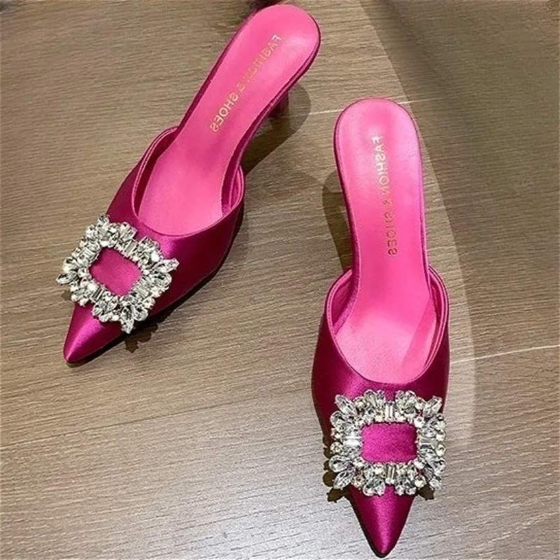 Rhinestone Buckle Satin Pointed Toe Pumps Slippers Women Sexy Slingback Dress Shoes Luxury Brand Heeled Sandals Female Mules