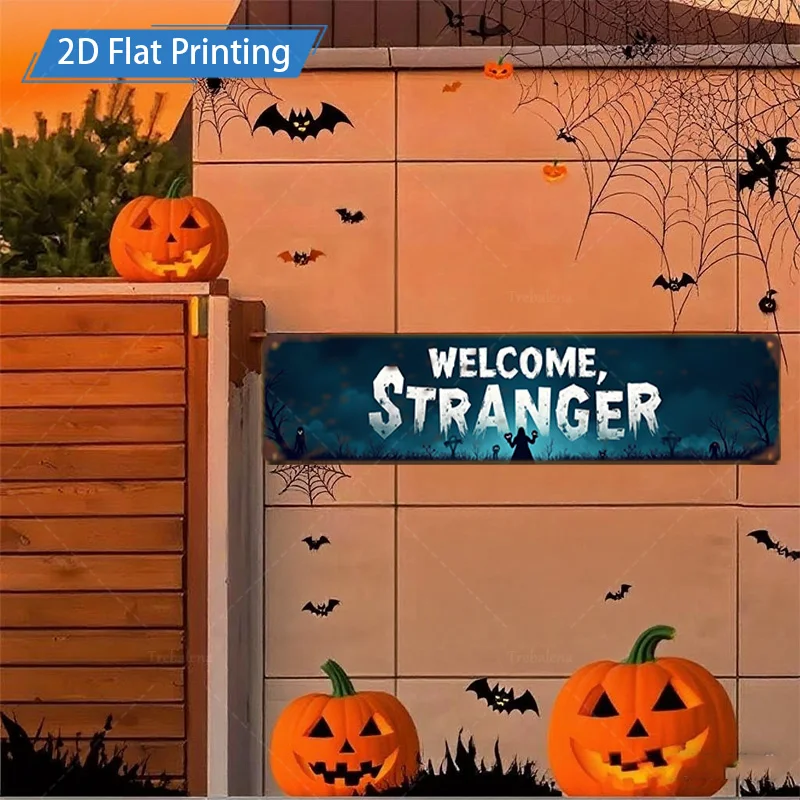 قطعة واحدة من لافتة معدنية، لافتة "مرحبًا بالهالوين مقاس 4 × 16 بوصة مع أضواء اليقطين والخفافيش للديكور المخيف