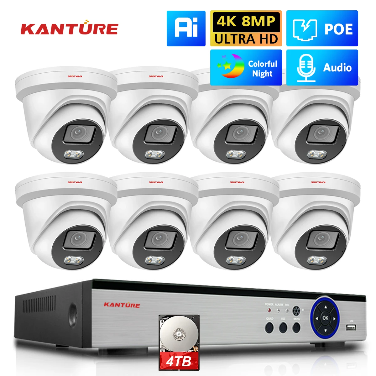 KANTURE 8CH CCTV záruka kamera systém 4K POE NVR souprava audio vodotěsný halové outdoorové báň ip kamera 8mp barva noc kamera sada