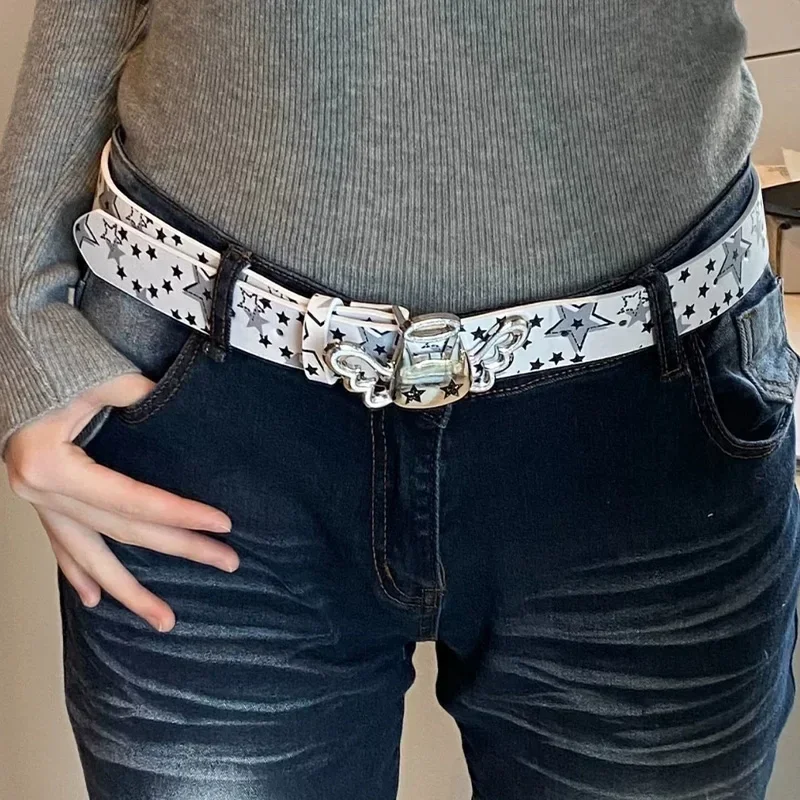 Cinturón de metal estilo punk Y2K, cinturones anchos de cuero para mujer y niña, cinturón de diseño con motivos de corazón, estrella, ala de ángel, dulce y moderno.