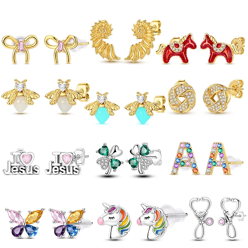 925 Sterling Silver Stud Earrings Colorful Horse Bow Firefly Butterfly Conch Earrings Fit Women Girl Party Jewelry Gifts