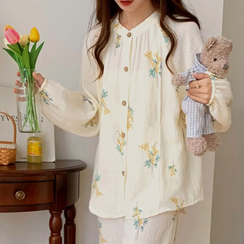 Fashion Pajama Sets for Women Single Breasted Round Neck Long Sleeve Spring Clothing Sweet Girls Outwear Full Length Loose Soft